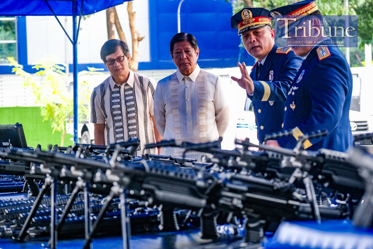 President Ferdinand R. Marcos Jr. inspects the PNP assets with DILG Secretary Benjamin Abalos, PNP Chief Rommel Marbil, PMGen Mario Reyes PNP Director for Logistics during celebration of the 123rd Police Service Anniversary at the PNP Multi Purpose Hall in Camp Crame on August 08, 2024. PHOTO BY YUMMIE DINGDING / PPA POOL